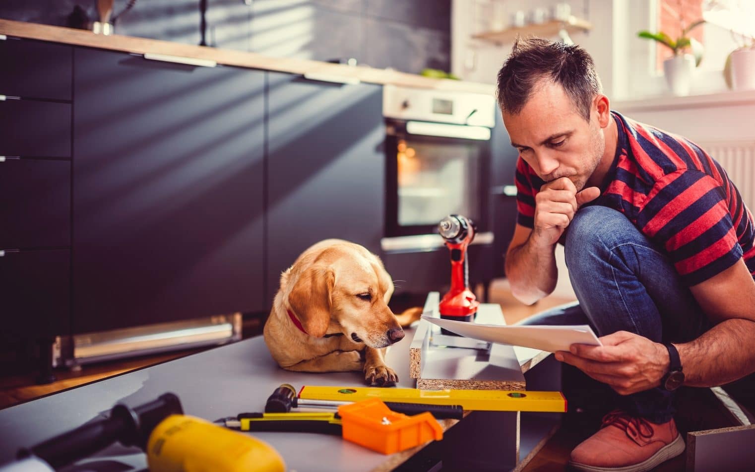 Mężczyzna w koszulce w paski i pies podczas składania mebli w kuchni, wokół leżą narzędzia potrzebne do majsterkowania