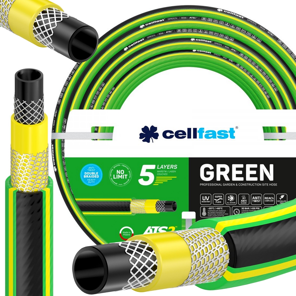 "Wytrzymały 5-warstwowy wąż ogrodowy GREEN ATS2™ z technologią Anti-Twist dla łatwego podlewania