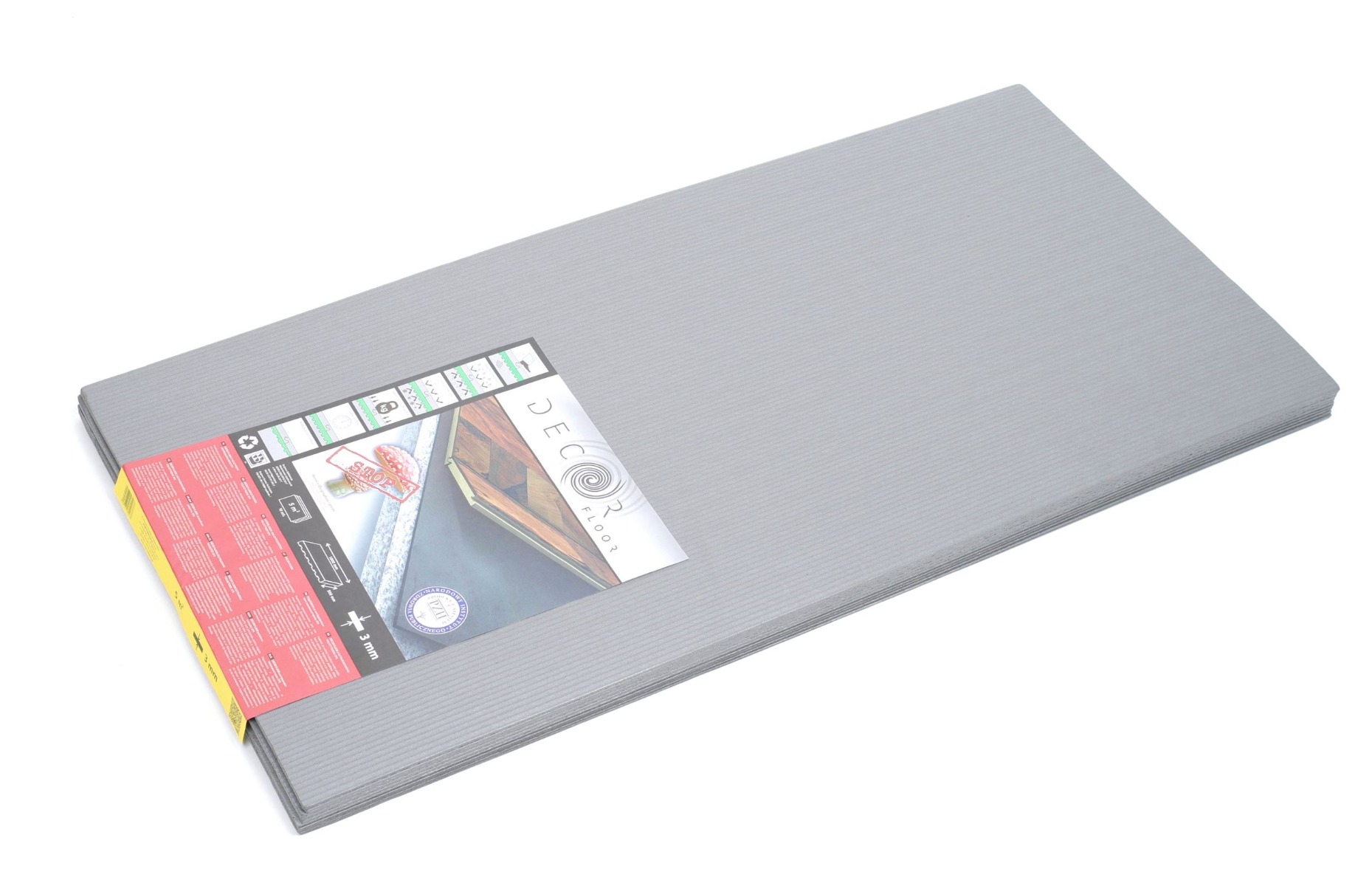 Szara płyta podkładowa z XPS o grubości 3 mm, stosowana pod panele podłogowe